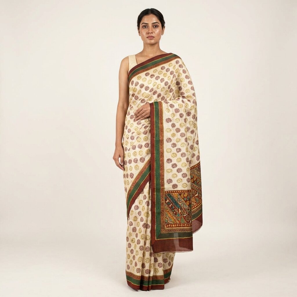 Sanskriti Vintage Saree Off-White Pure Silk Embroidered-Hand Block Printed Sari