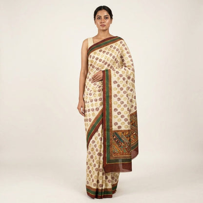 Sanskriti Vintage Saree Off-White Pure Silk Embroidered-Hand Block Printed Sari