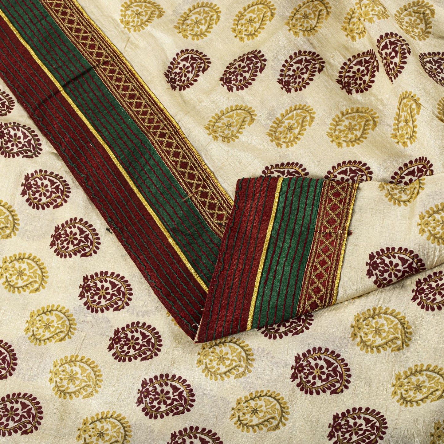 Sanskriti Vintage Saree Off-White Pure Silk Embroidered-Hand Block Printed Sari