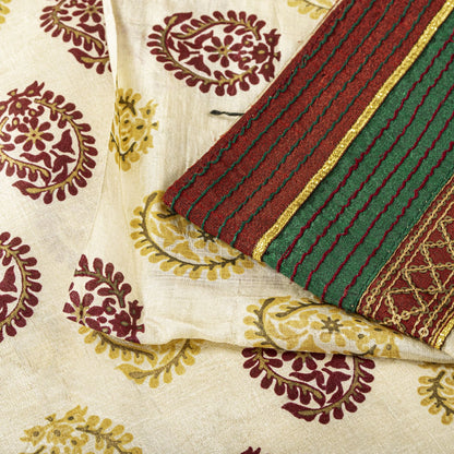 Sanskriti Vintage Saree Off-White Pure Silk Embroidered-Hand Block Printed Sari