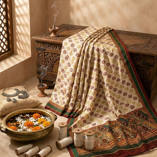 Sanskriti Vintage Saree Off-White Pure Silk Embroidered-Hand Block Printed Sari