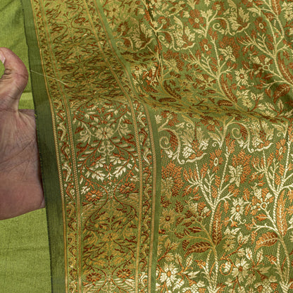 Sanskriti Vintage Saree Green Ari Silk Brocade Ashavali HandWoven Sari 5YDFabric