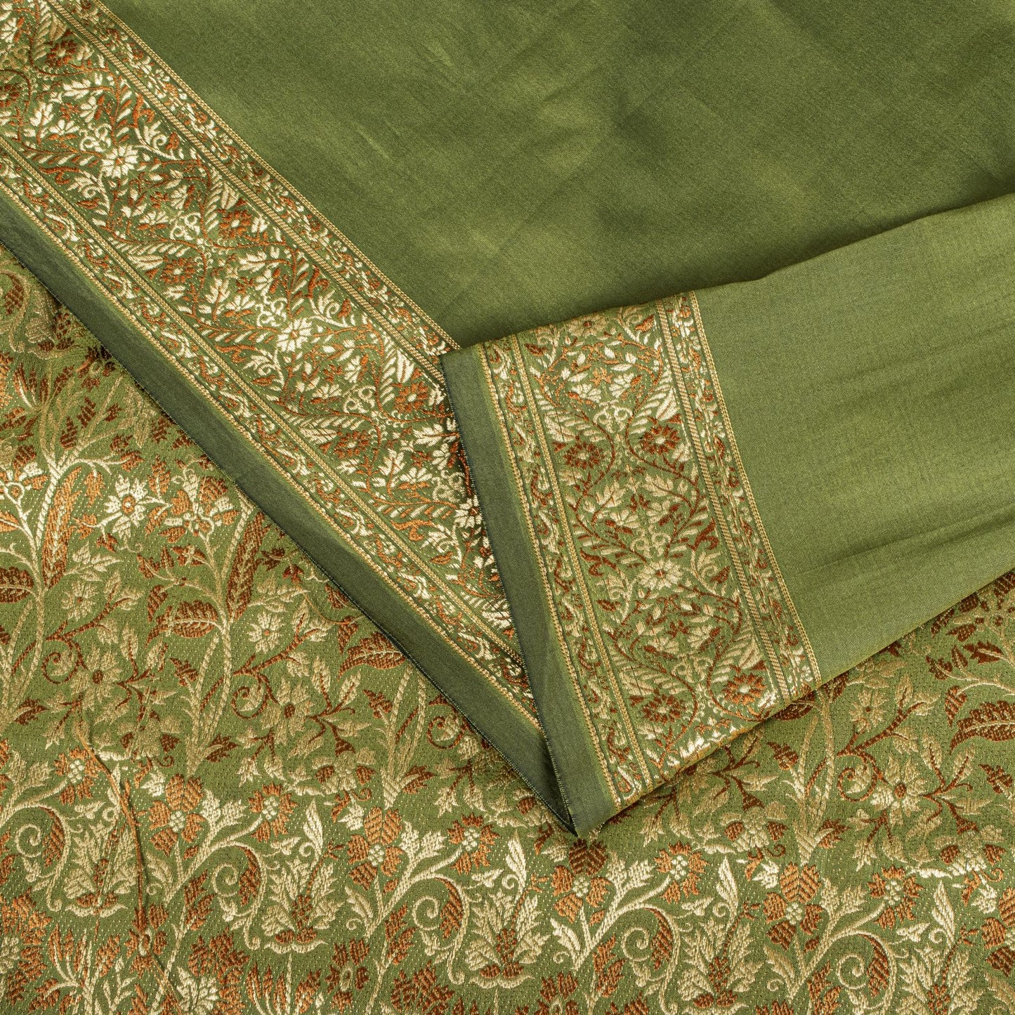 Sanskriti Vintage Saree Green Ari Silk Brocade Ashavali HandWoven Sari 5YDFabric