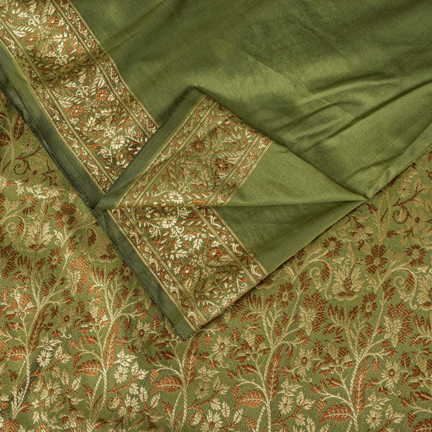 Sanskriti Vintage Saree Green Ari Silk Brocade Ashavali HandWoven Sari 5YDFabric