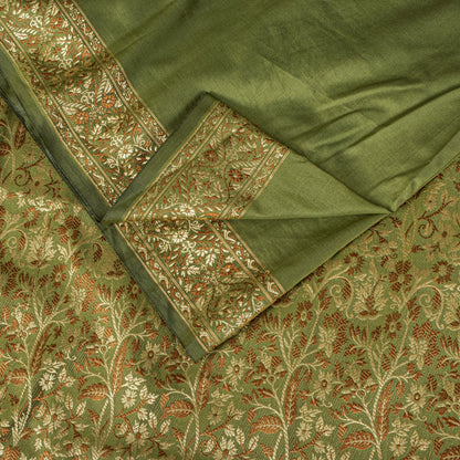 Sanskriti Vintage Saree Green Ari Silk Brocade Ashavali HandWoven Sari 5YDFabric
