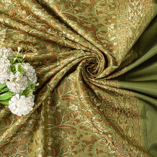 Sanskriti Vintage Saree Green Ari Silk Brocade Ashavali HandWoven Sari 5YDFabric