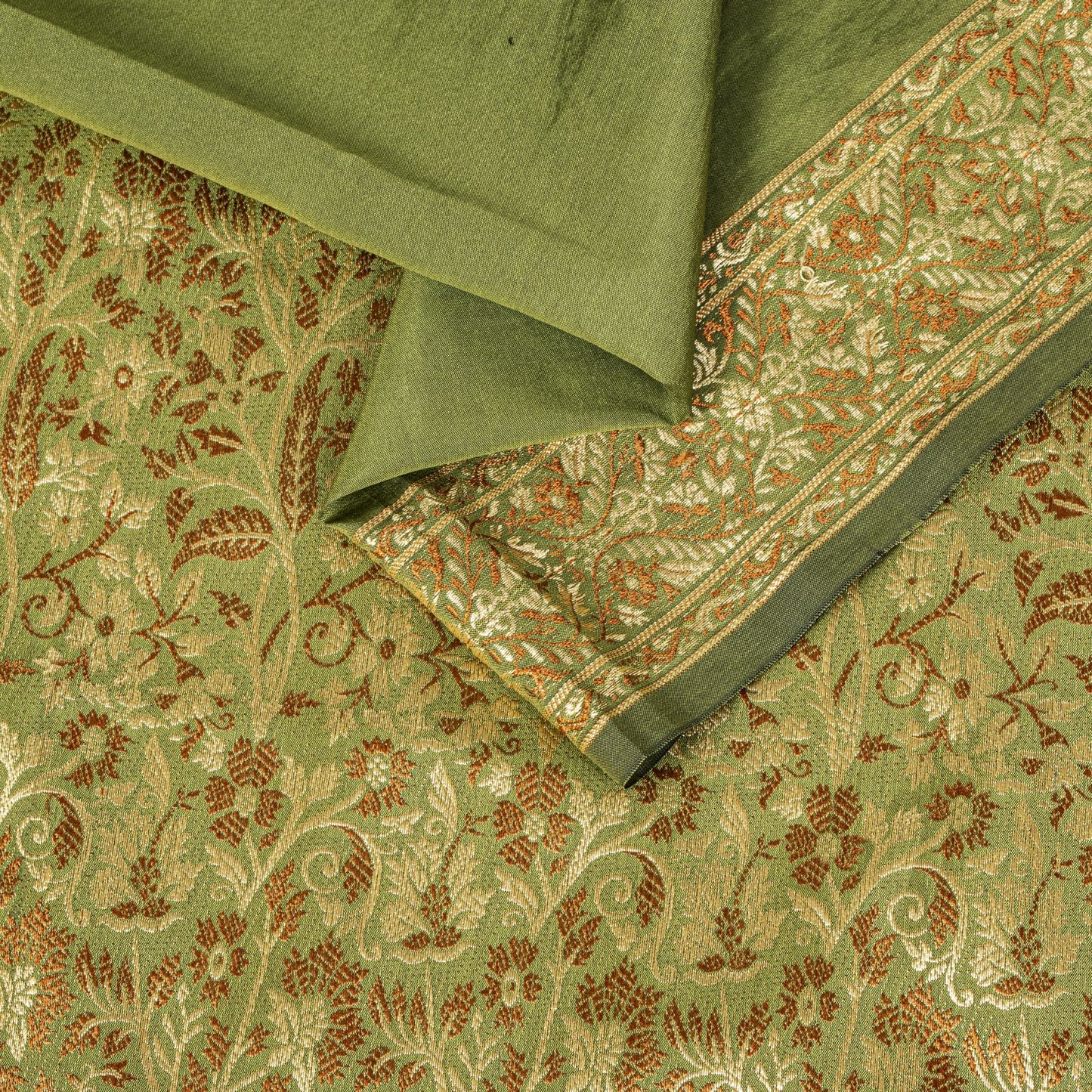 Sanskriti Vintage Saree Green Ari Silk Brocade Ashavali HandWoven Sari 5YDFabric