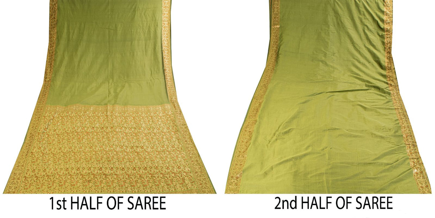 Sanskriti Vintage Saree Green Ari Silk Brocade Ashavali HandWoven Sari 5YDFabric
