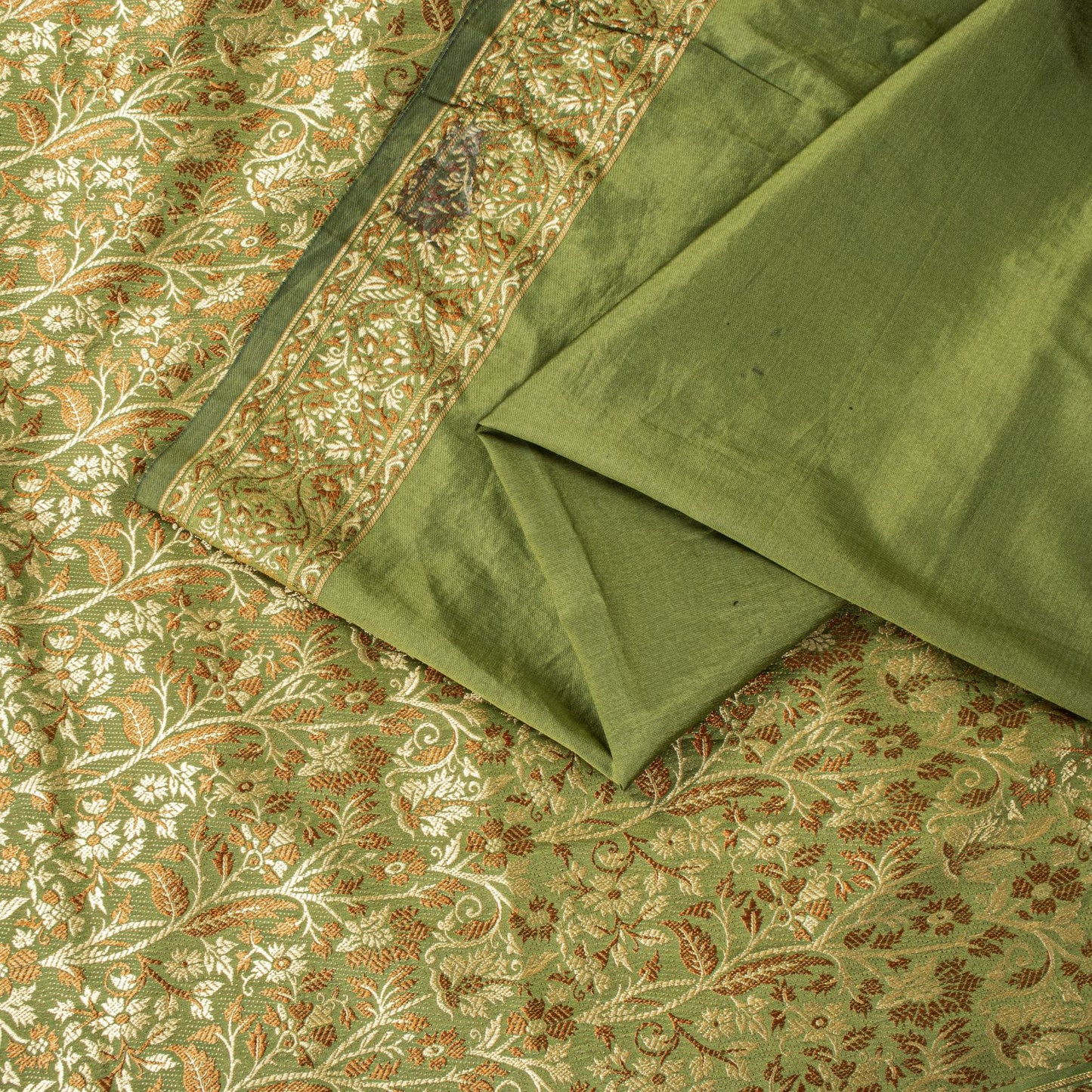 Sanskriti Vintage Saree Green Ari Silk Brocade Ashavali HandWoven Sari 5YDFabric