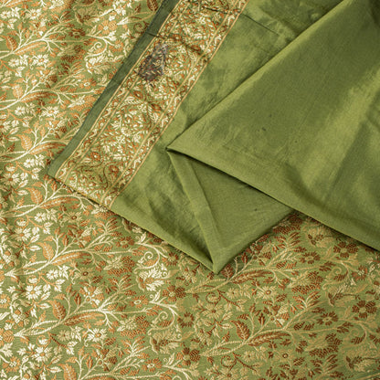 Sanskriti Vintage Saree Green Ari Silk Brocade Ashavali HandWoven Sari 5YDFabric