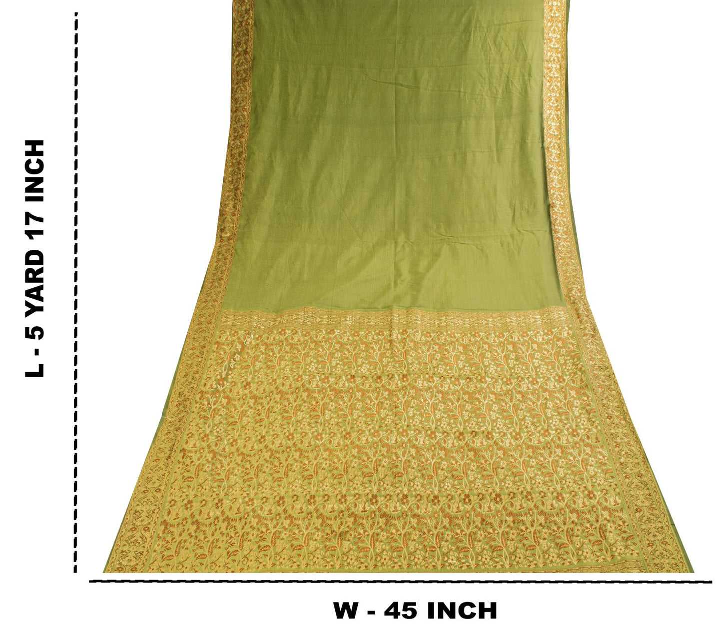 Sanskriti Vintage Saree Green Ari Silk Brocade Ashavali HandWoven Sari 5YDFabric