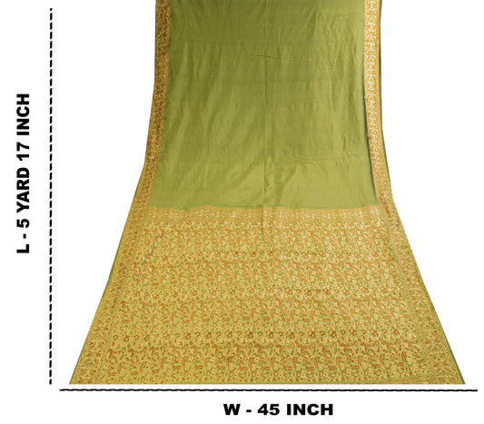 Sanskriti Vintage Saree Green Ari Silk Brocade Ashavali HandWoven Sari 5YDFabric