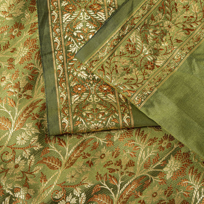 Sanskriti Vintage Saree Green Ari Silk Brocade Ashavali HandWoven Sari 5YDFabric