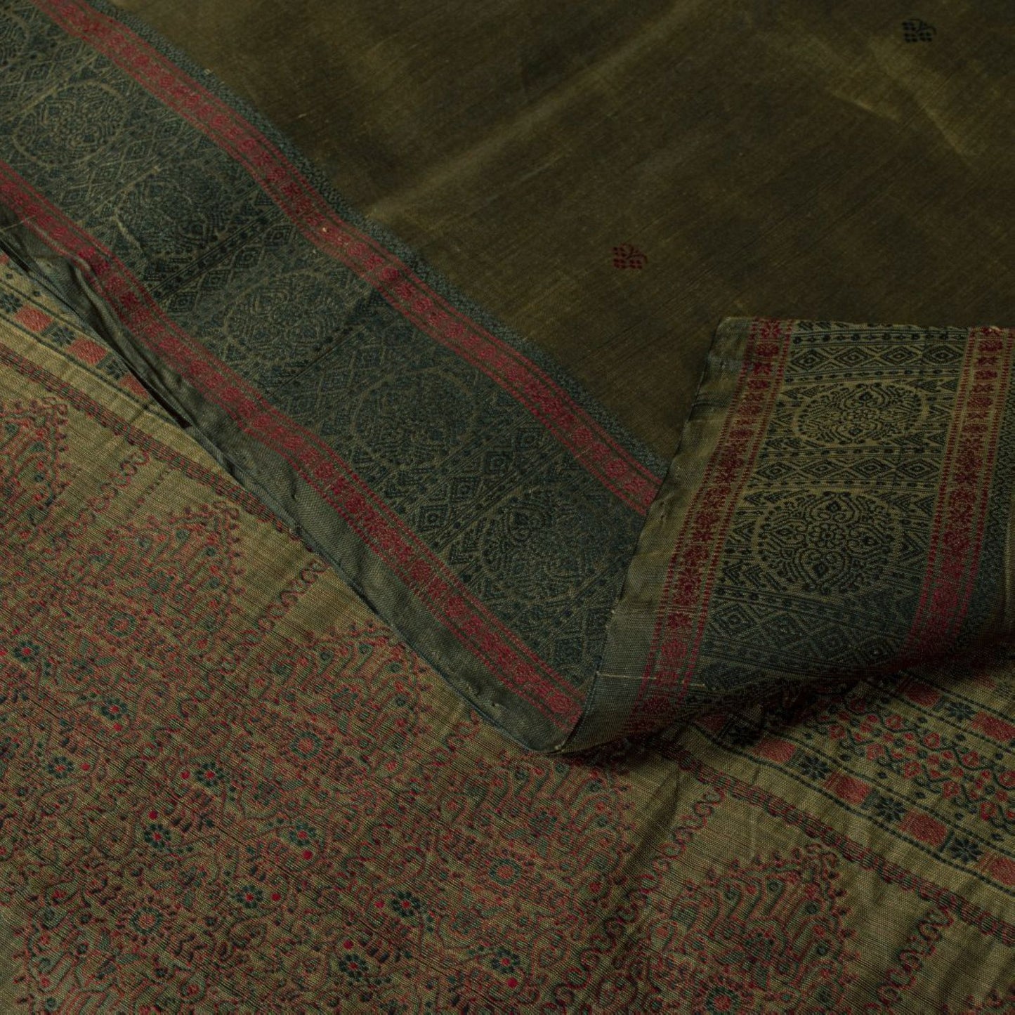 Sanskriti Vintage Brown Cotton Silk Saree Woven Ajrakh Style Sari 5.5+YD Fabric