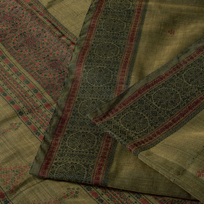 Sanskriti Vintage Brown Cotton Silk Saree Woven Ajrakh Style Sari 5.5+YD Fabric