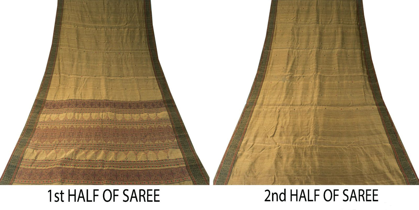 Sanskriti Vintage Brown Cotton Silk Saree Woven Ajrakh Style Sari 5.5+YD Fabric