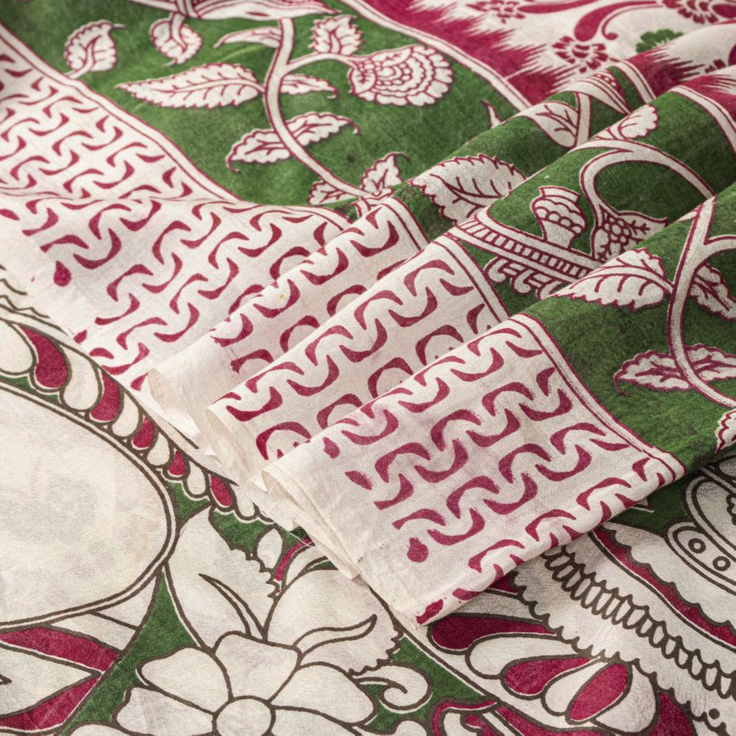 Sanskriti Vintage Off-White Cotton Silk Saree Handmad Kalamkari Sari 5.5YDFabric