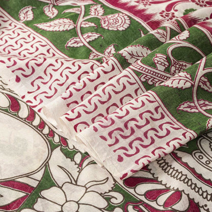 Sanskriti Vintage Off-White Cotton Silk Saree Handmad Kalamkari Sari 5.5YDFabric
