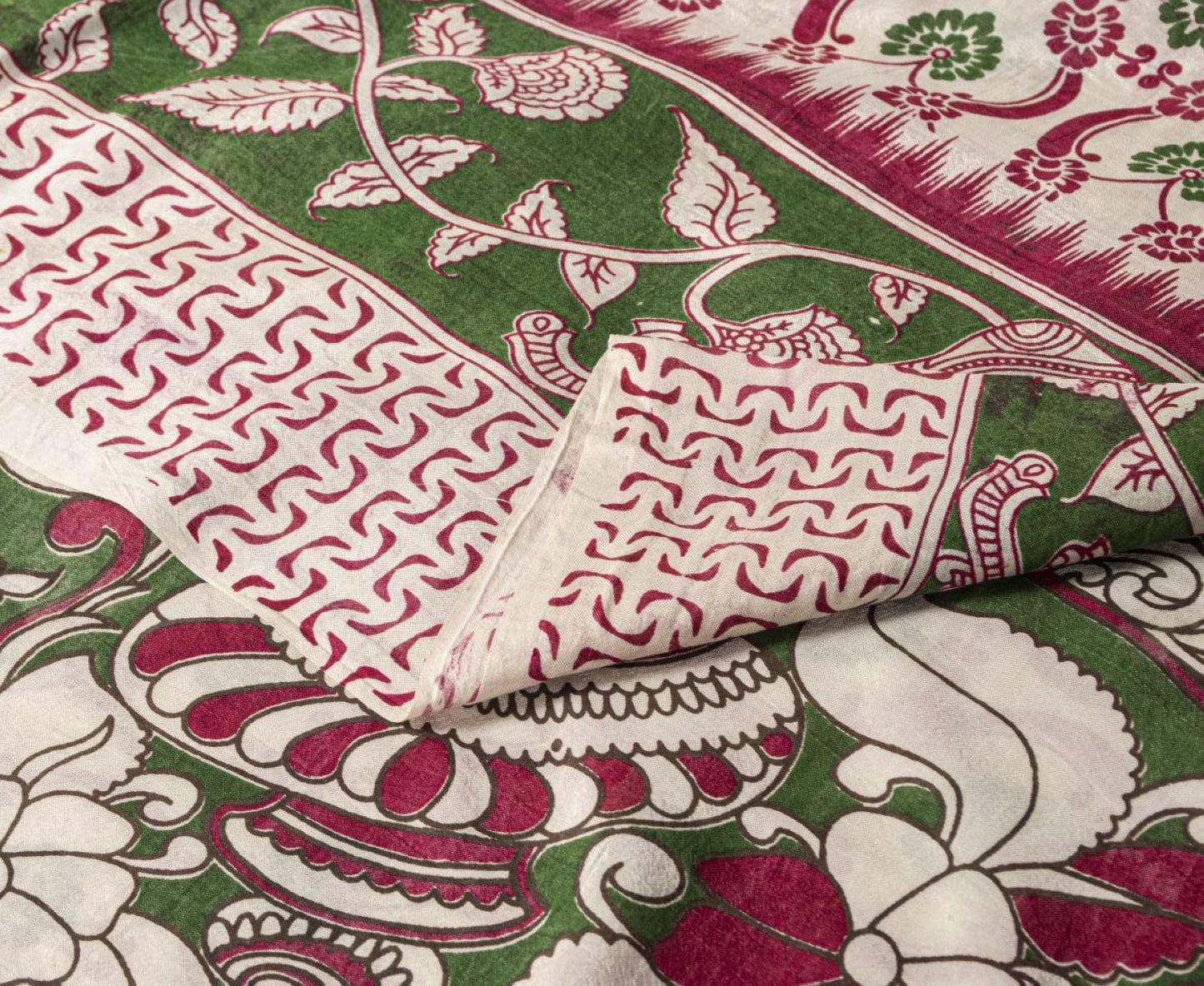 Sanskriti Vintage Off-White Cotton Silk Saree Handmad Kalamkari Sari 5.5YDFabric