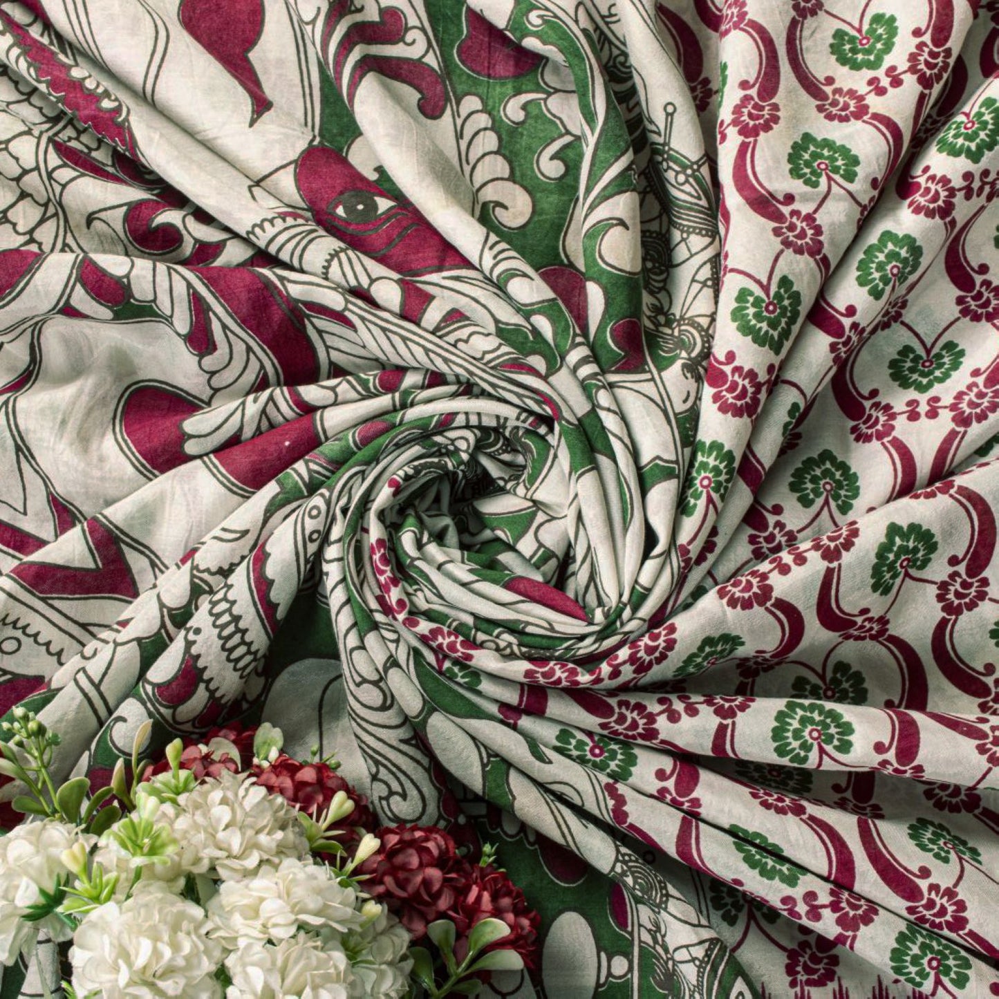 Sanskriti Vintage Off-White Cotton Silk Saree Handmad Kalamkari Sari 5.5YDFabric