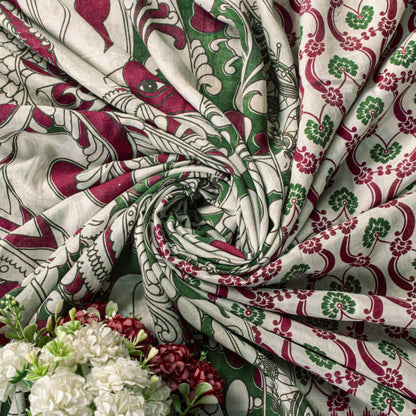 Sanskriti Vintage Off-White Cotton Silk Saree Handmad Kalamkari Sari 5.5YDFabric