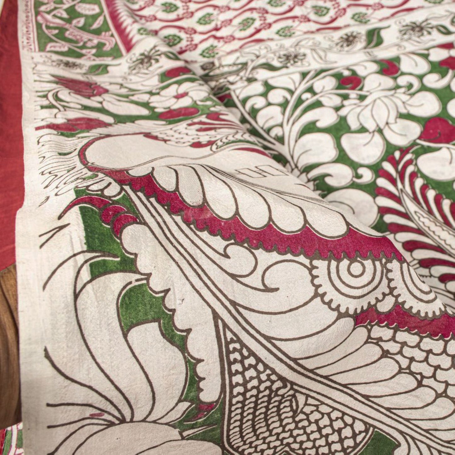 Sanskriti Vintage Off-White Cotton Silk Saree Handmad Kalamkari Sari 5.5YDFabric