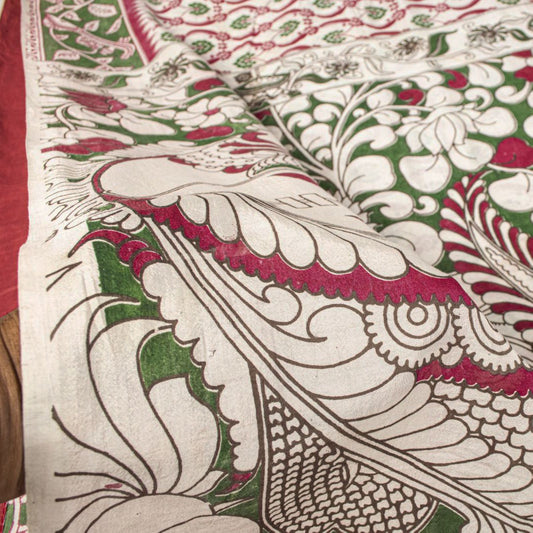 Sanskriti Vintage Off-White Cotton Silk Saree Handmad Kalamkari Sari 5.5YDFabric