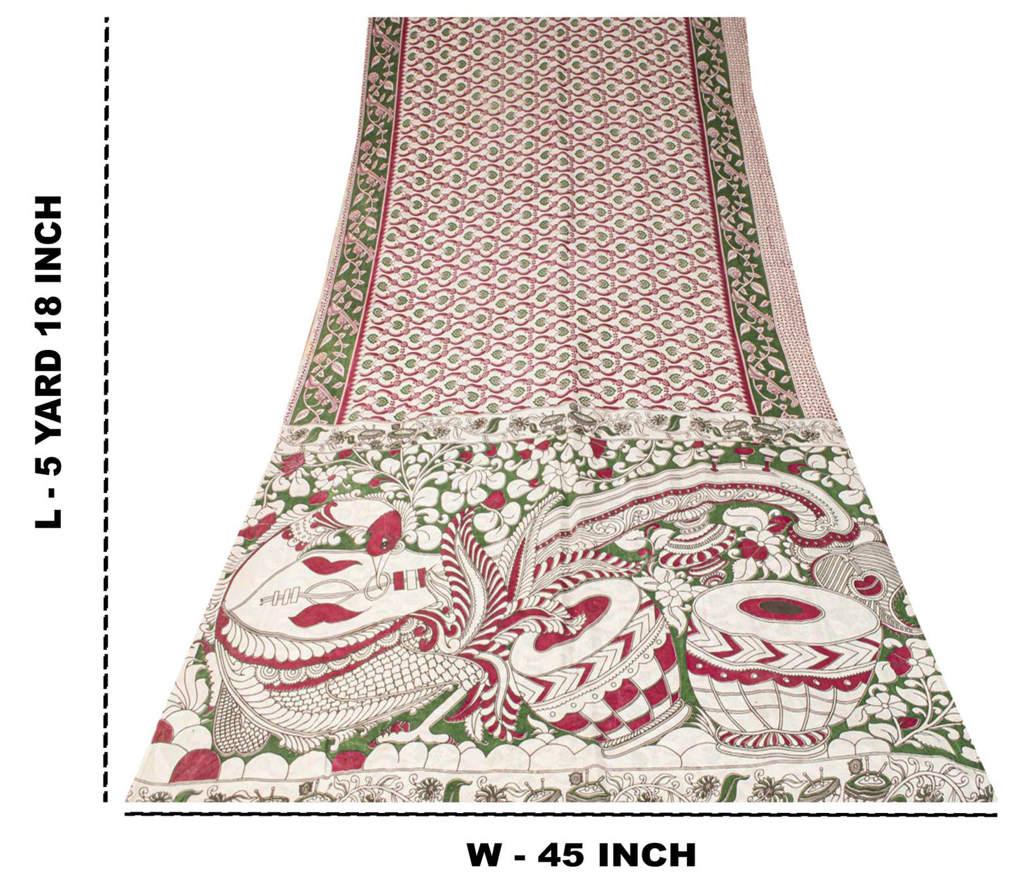 Sanskriti Vintage Off-White Cotton Silk Saree Handmad Kalamkari Sari 5.5YDFabric