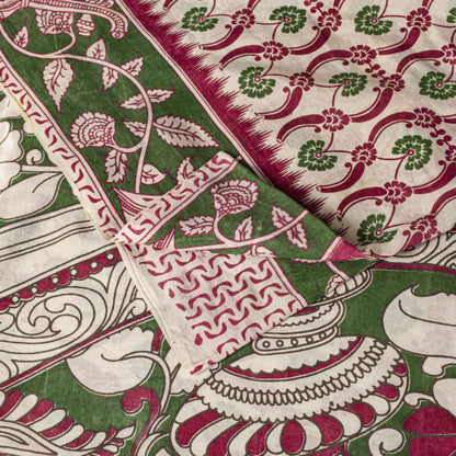Sanskriti Vintage Off-White Cotton Silk Saree Handmad Kalamkari Sari 5.5YDFabric