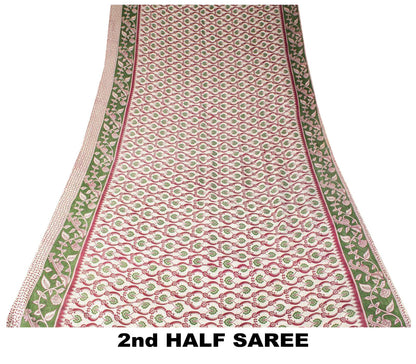 Sanskriti Vintage Off-White Cotton Silk Saree Handmad Kalamkari Sari 5.5YDFabric