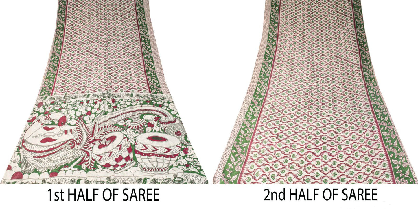 Sanskriti Vintage Off-White Cotton Silk Saree Handmad Kalamkari Sari 5.5YDFabric