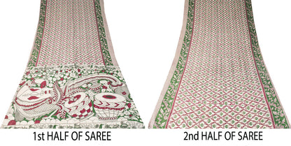 Sanskriti Vintage Off-White Cotton Silk Saree Handmad Kalamkari Sari 5.5YDFabric