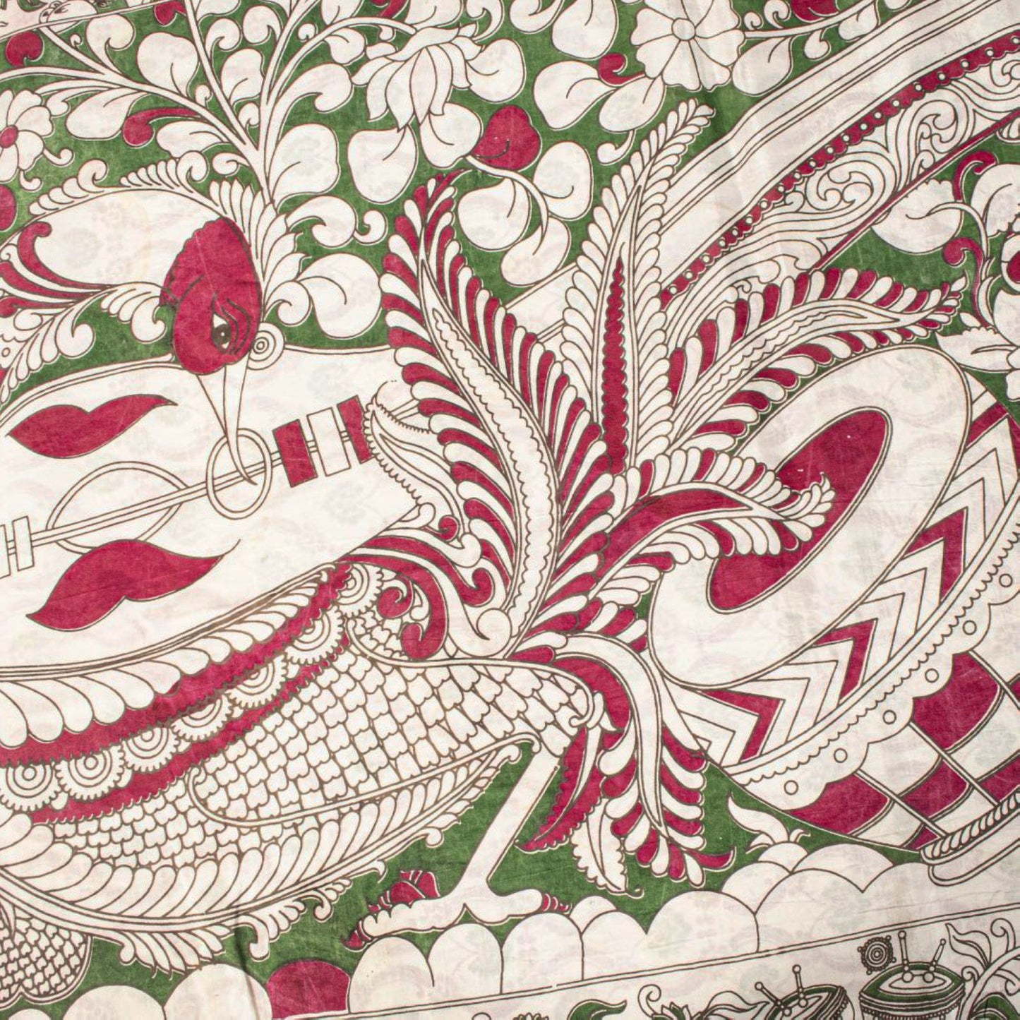 Sanskriti Vintage Off-White Cotton Silk Saree Handmad Kalamkari Sari 5.5YDFabric