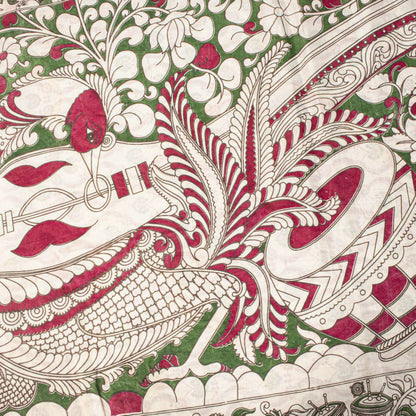 Sanskriti Vintage Off-White Cotton Silk Saree Handmad Kalamkari Sari 5.5YDFabric