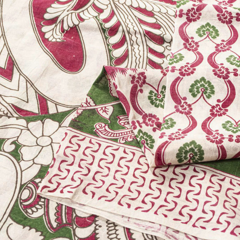Sanskriti Vintage Off-White Cotton Silk Saree Handmad Kalamkari Sari 5.5YDFabric