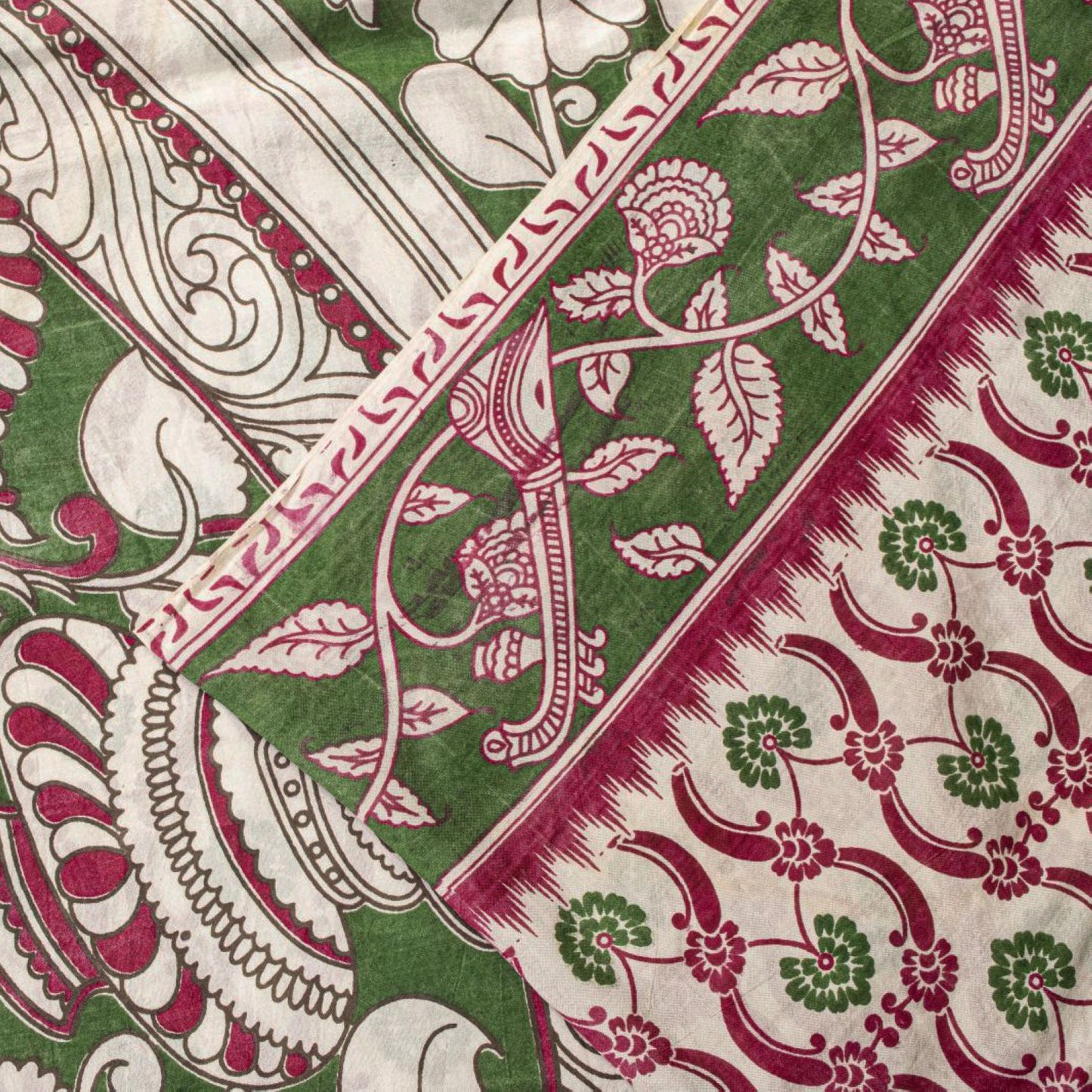 Sanskriti Vintage Off-White Cotton Silk Saree Handmad Kalamkari Sari 5.5YDFabric