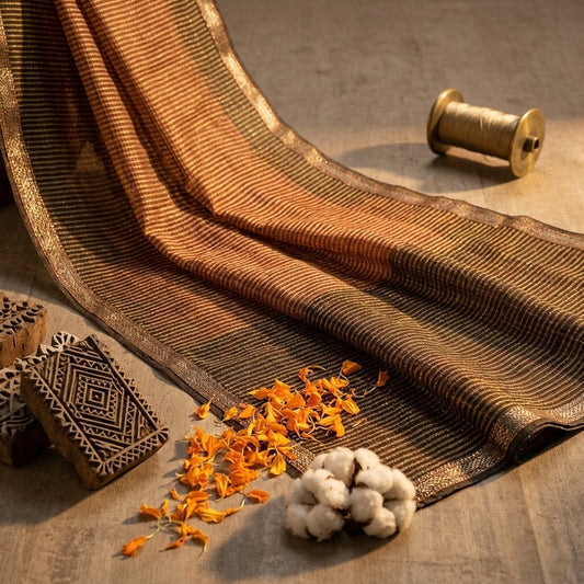 Sanskriti Vintage Saree Brown-Black Pure Georgette Zari Woven-Beaded Fabric Sari
