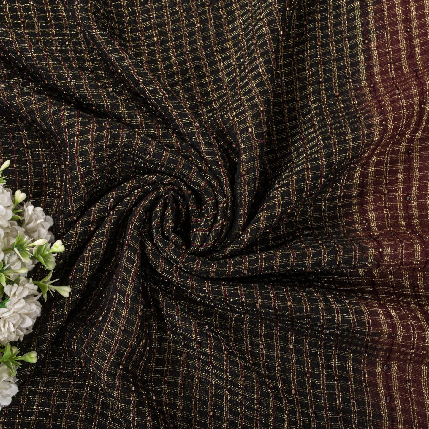 Sanskriti Vintage Saree Brown-Black Pure Georgette Zari Woven-Beaded Fabric Sari