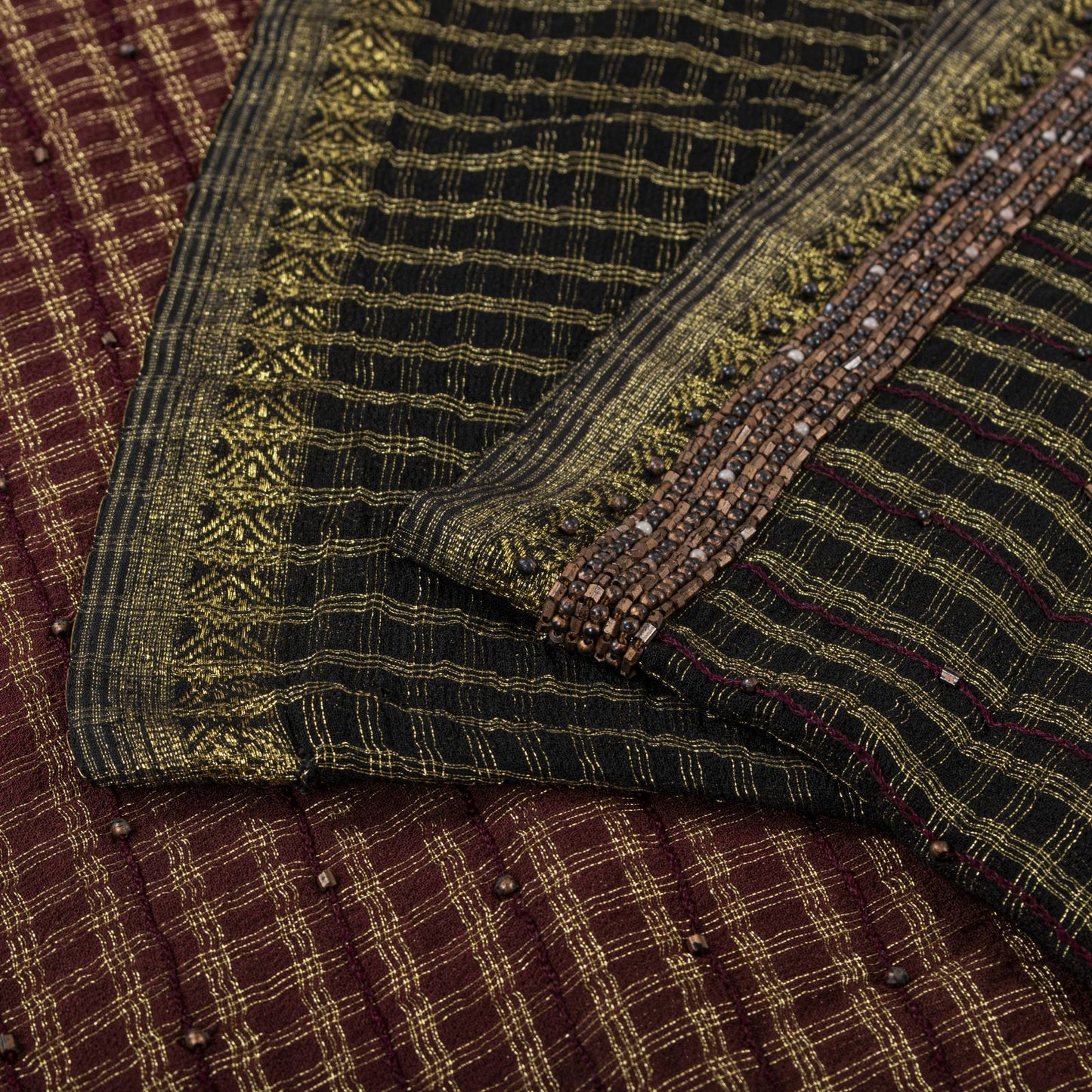 Sanskriti Vintage Saree Brown-Black Pure Georgette Zari Woven-Beaded Fabric Sari