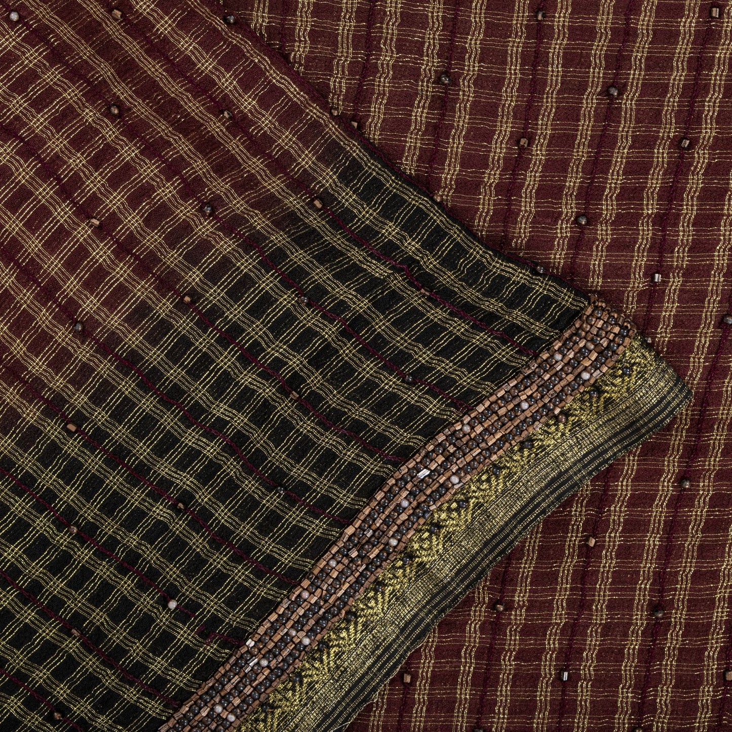 Sanskriti Vintage Saree Brown-Black Pure Georgette Zari Woven-Beaded Fabric Sari