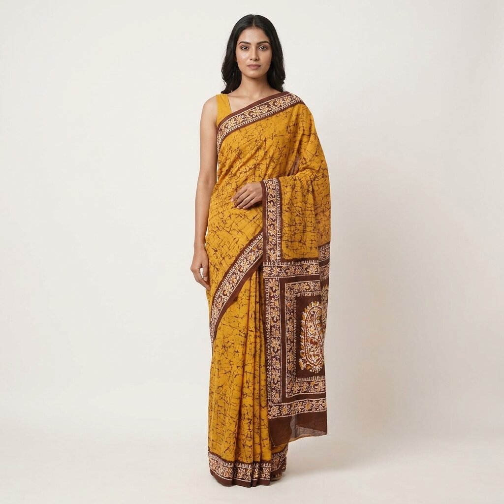 Sanskriti Vintage Saree Yellow Pure Silk Batik Work Craft Fabric Indian 5.5YSari