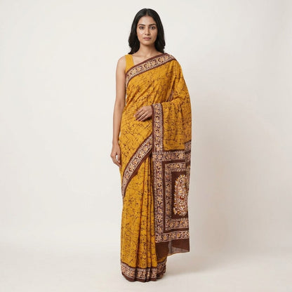 Sanskriti Vintage Saree Yellow Pure Silk Batik Work Craft Fabric Indian 5.5YSari