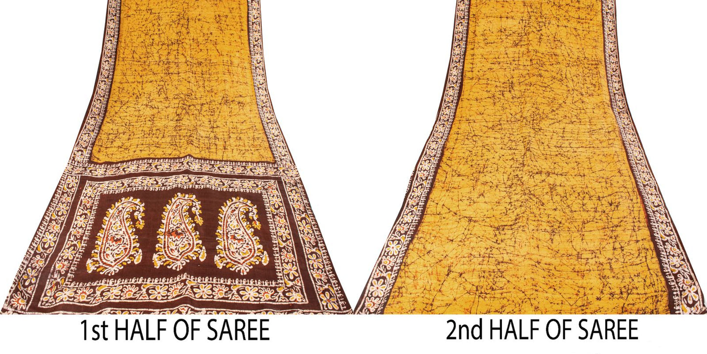 Sanskriti Vintage Saree Yellow Pure Silk Batik Work Craft Fabric Indian 5.5YSari