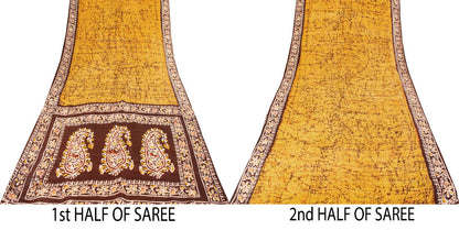 Sanskriti Vintage Saree Yellow Pure Silk Batik Work Craft Fabric Indian 5.5YSari