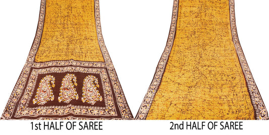 Sanskriti Vintage Saree Yellow Pure Silk Batik Work Craft Fabric Indian 5.5YSari