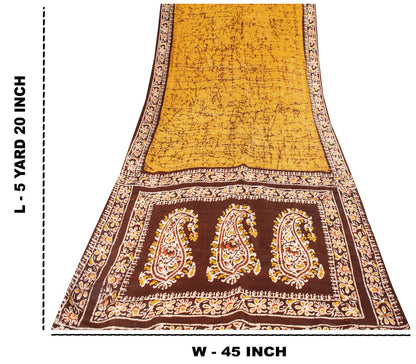 Sanskriti Vintage Saree Yellow Pure Silk Batik Work Craft Fabric Indian 5.5YSari