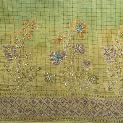Sanskriti Vintage Saree Blue Pure Silk Hand Beaded-Woven Craft Fabric 6Yard Sari