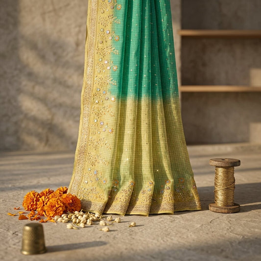 Sanskriti Vintage Saree Blue Pure Silk Hand Beaded-Woven Craft Fabric 6Yard Sari