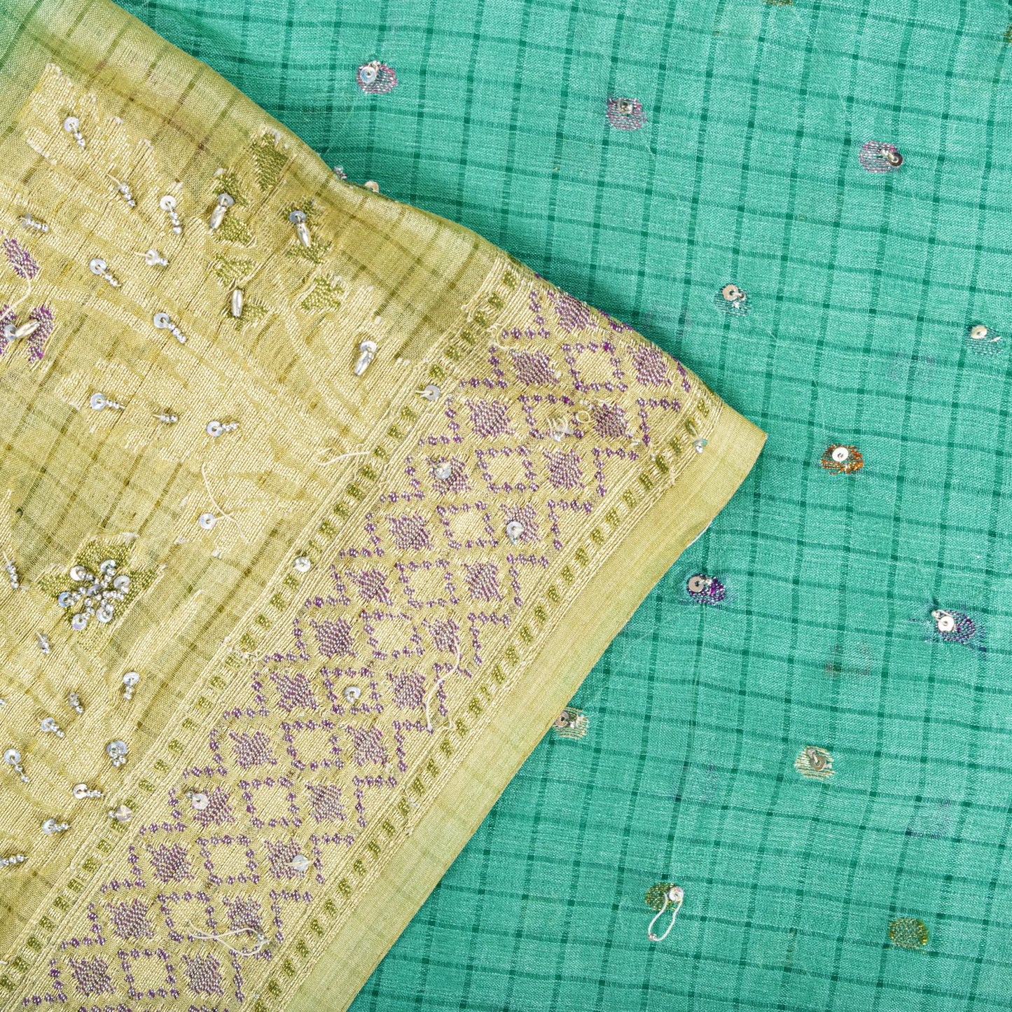 Sanskriti Vintage Saree Blue Pure Silk Hand Beaded-Woven Craft Fabric 6Yard Sari