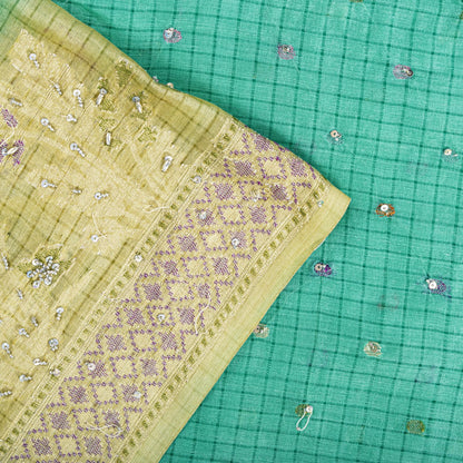 Sanskriti Vintage Saree Blue Pure Silk Hand Beaded-Woven Craft Fabric 6Yard Sari